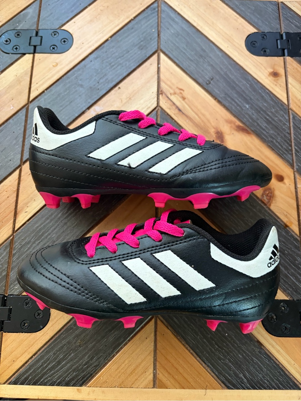 adidas Black Cleats with White Stripes and Hot Pink Details